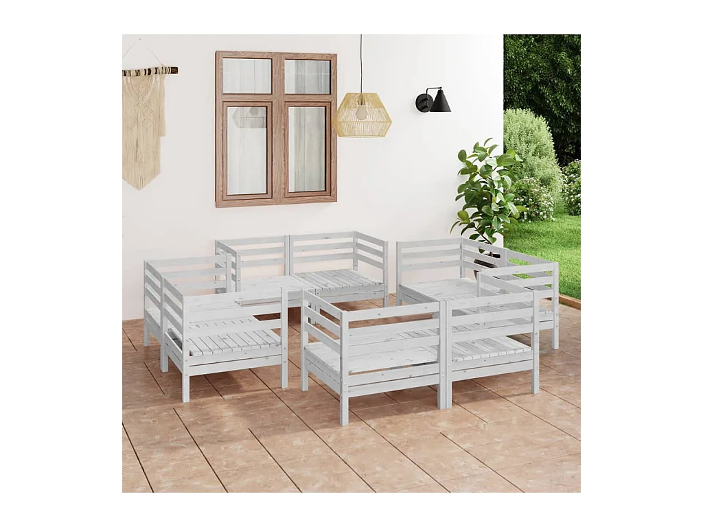 Salon de jardin 8 pcs Blanc Bois de pin massif