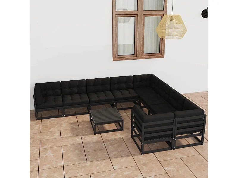 10-tlg. Garten-Lounge-Set mit Kissen Schwarz Massivholz Kiefer