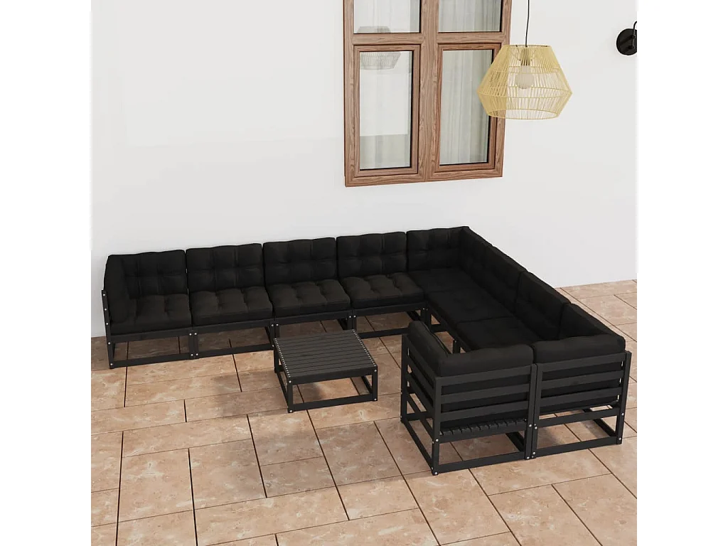 Salon de jardin 10 pcs avec coussins Noir Bois de pin massif