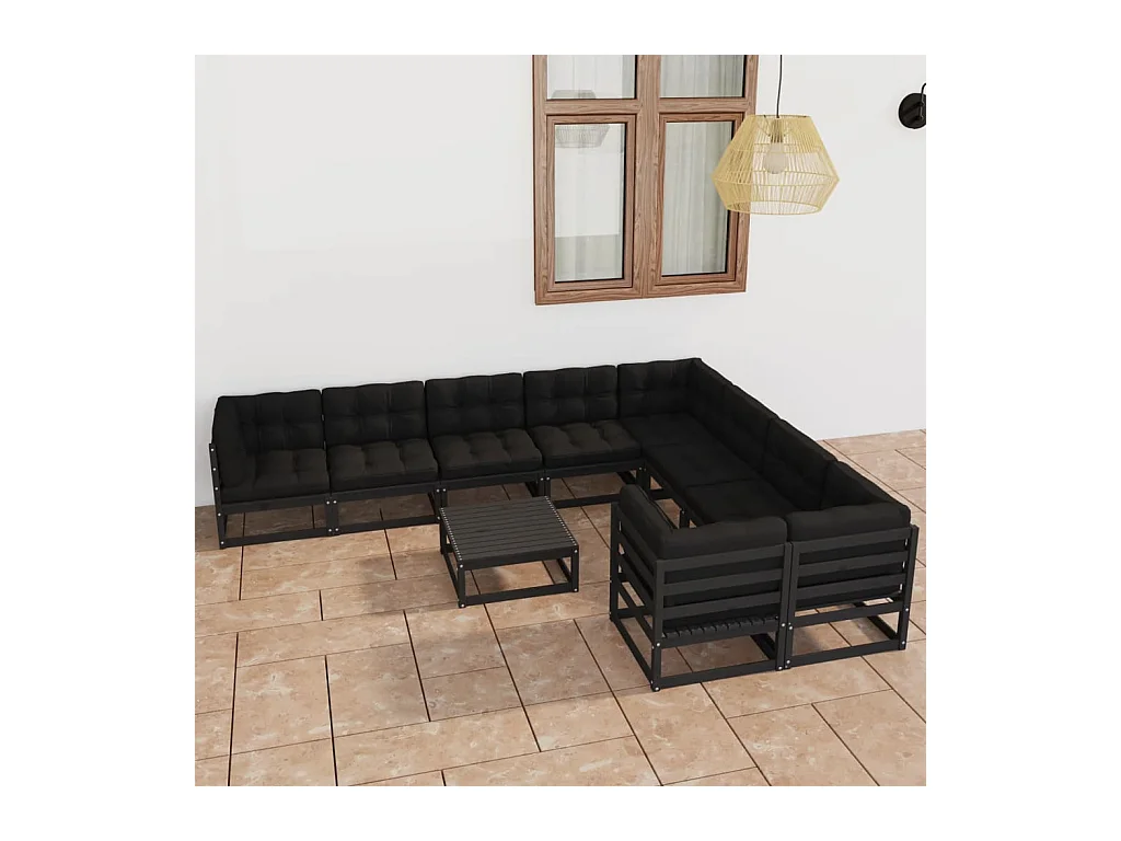 10-delige Loungeset met kussens massief grenenhout zwart