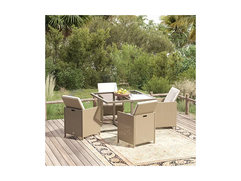 Ensemble à manger de jardin et coussins 5 pcs Poly rotin Beige