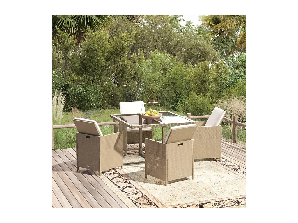 Ensemble à manger de jardin et coussins 5 pcs Poly rotin Beige