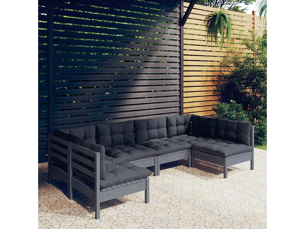6 pcs conjunto lounge de jardim + almofadões pinho maciço cinza