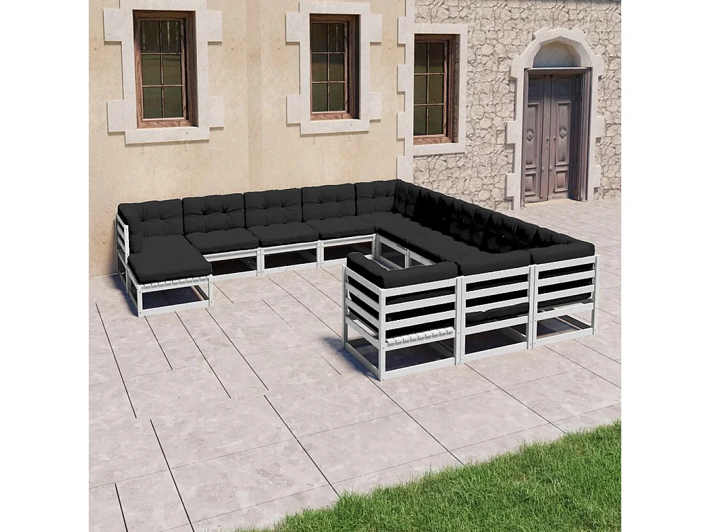 Salon de jardin 12 pcs avec coussins Blanc Bois de pin massif