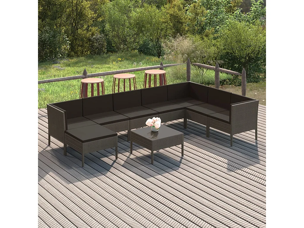 9-delige Loungeset met kussens poly rattan grijs