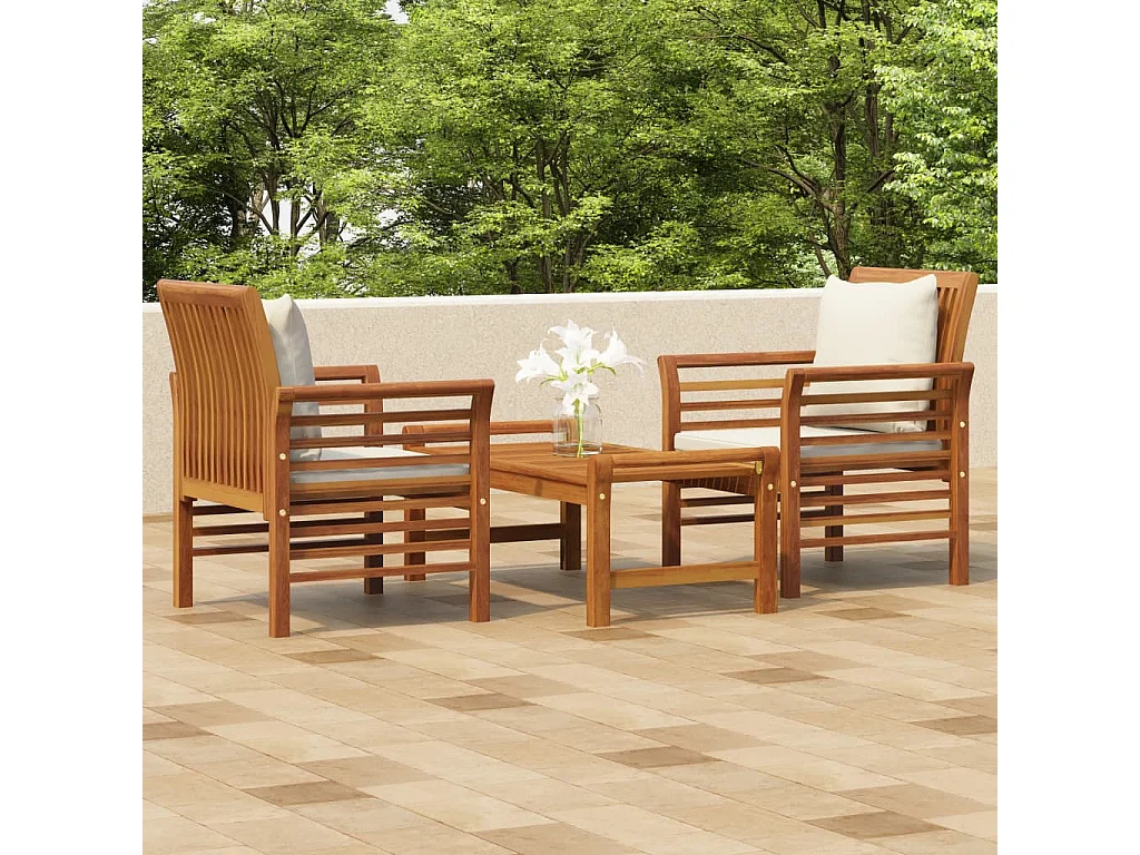 Set Mobili da Giardino 3pz con Cuscini Legno Massello di Acacia