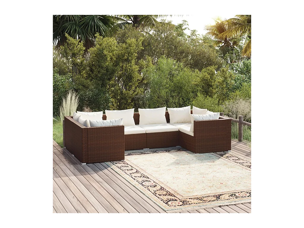 Salon de jardin 6 pcs avec coussins Résine tressée Marron