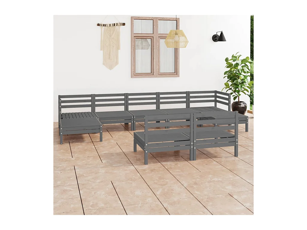 Salon de jardin 9 pcs Gris Bois de pin massif
