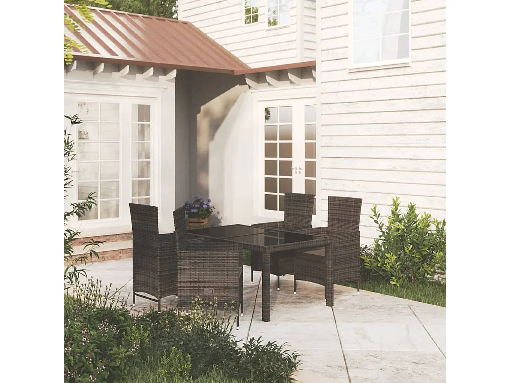 5 pcs conjunto jantar exterior com almofadões vime PE preto