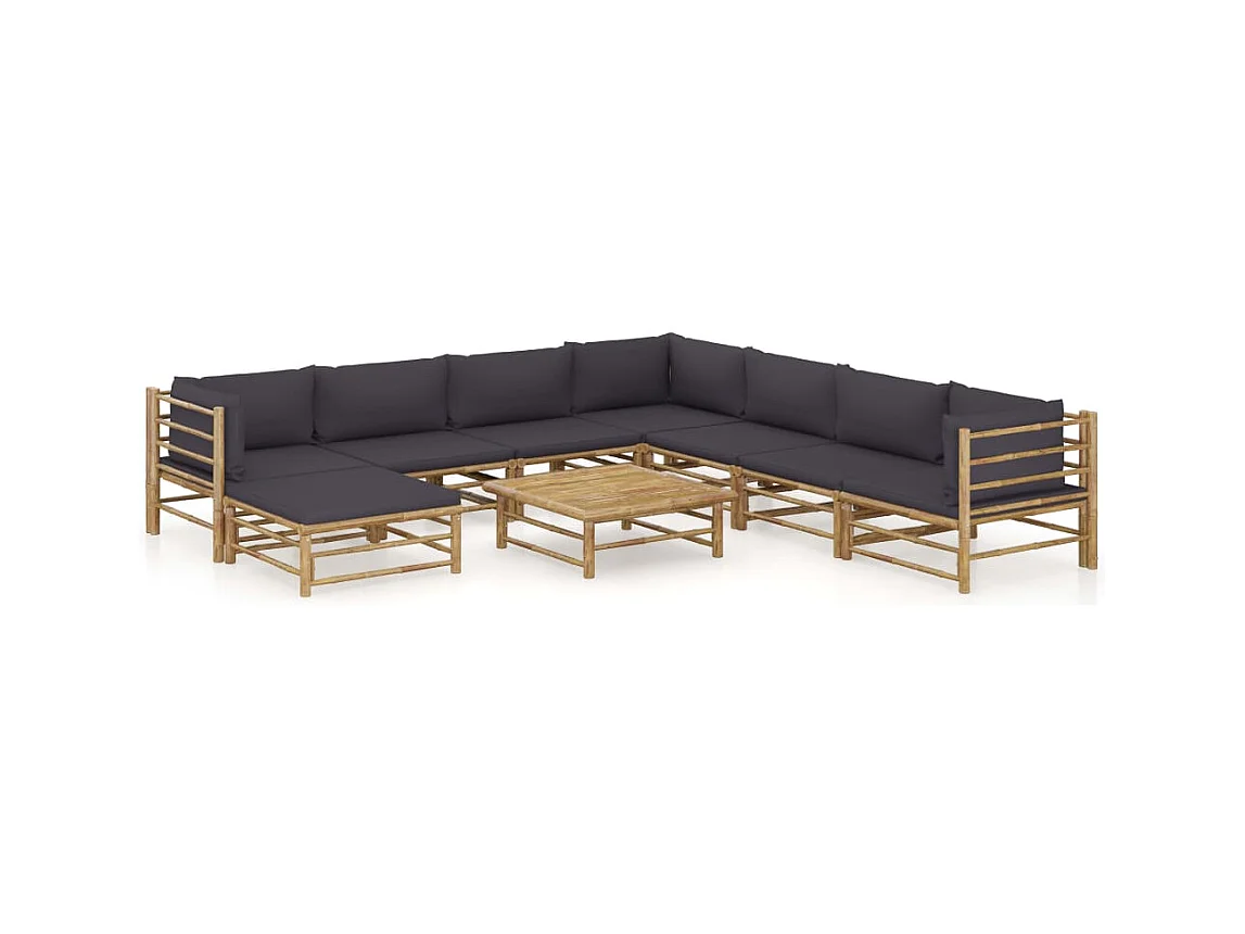 Salon de jardin 9 pcs avec coussins gris foncé bambou