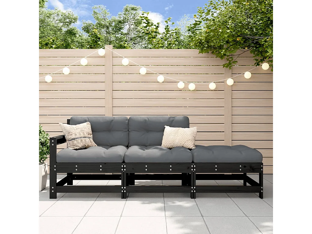 Salon de jardin 3 pcs noir bois massif de pin