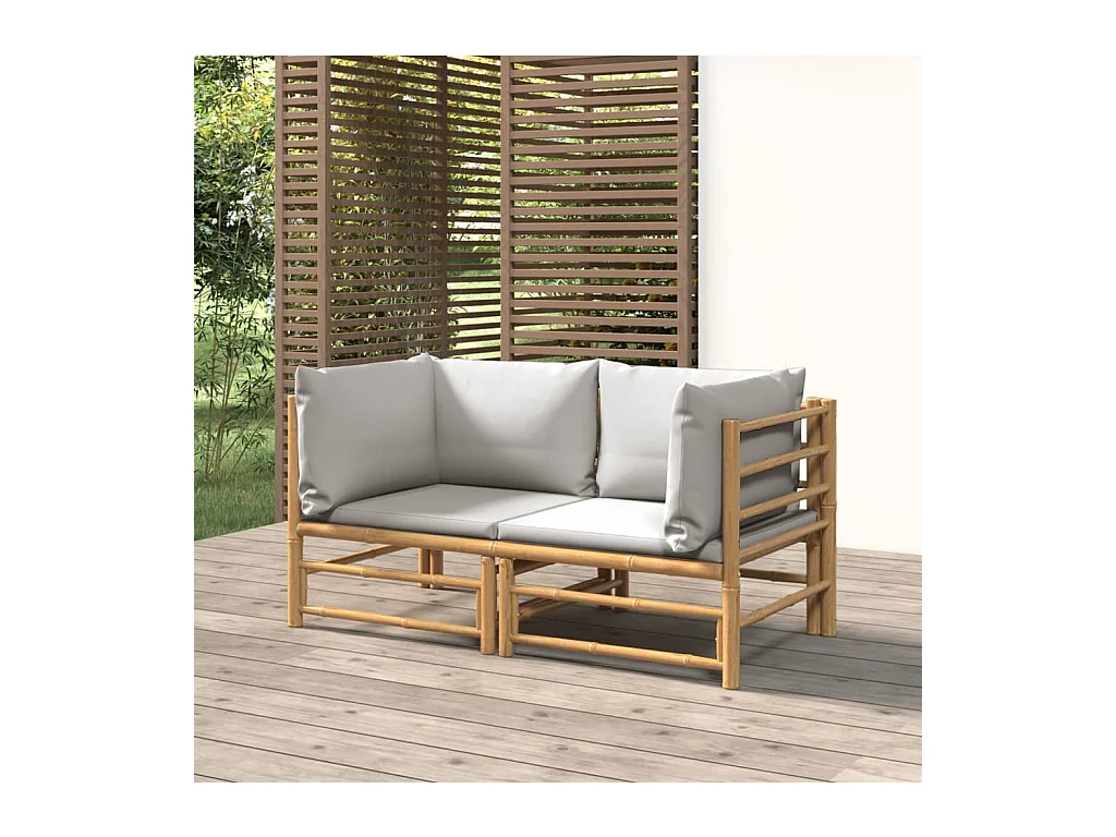 Canapés d'angle de jardin avec coussins gris clair 2 pcs bambou