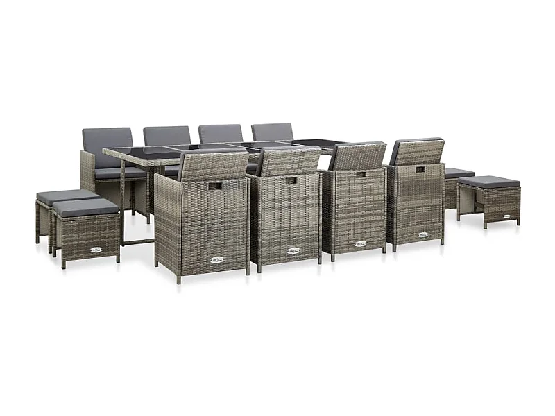 Set comedor de jardín 13 piezas y cojines ratán sintético gris