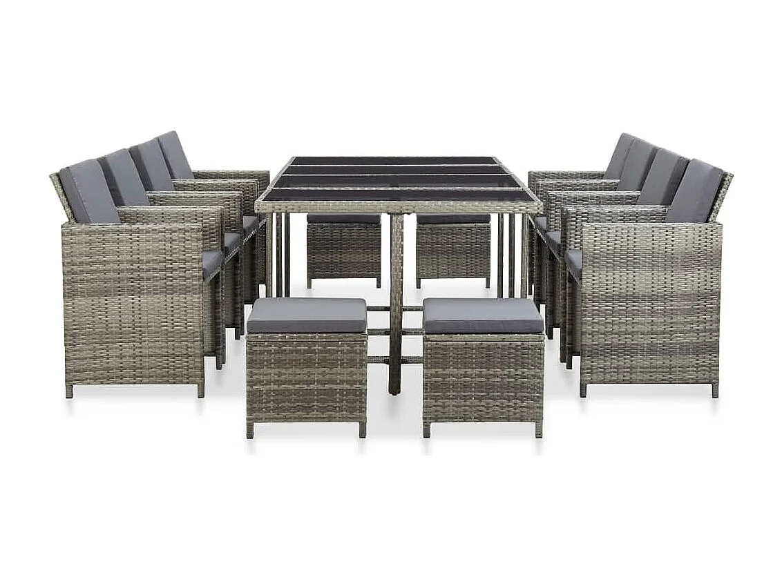Ensemble à manger d'extérieur 13pcs et coussins poly rotin Gris