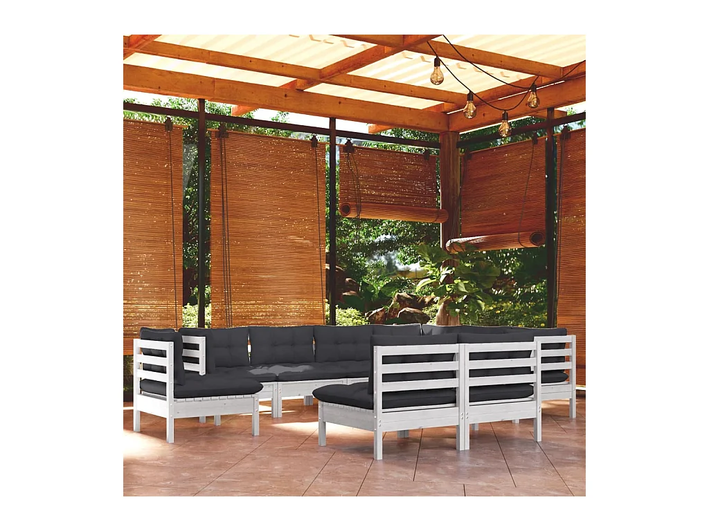 Salon de jardin 9 pcs avec coussins blanc bois de pin massif