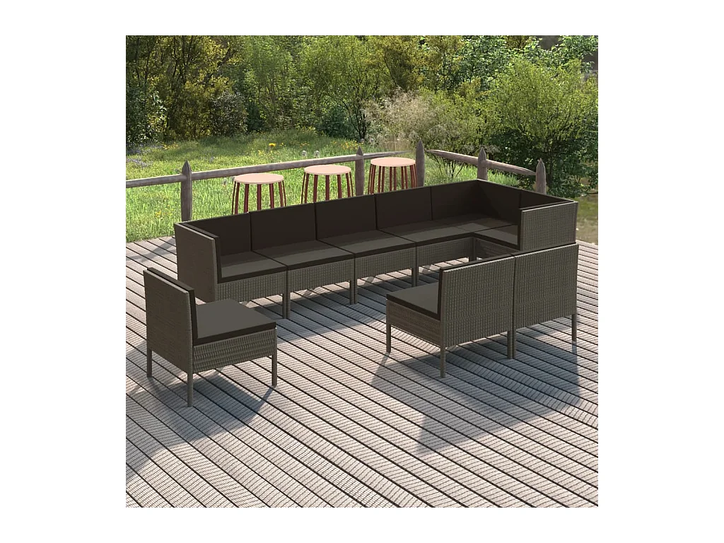 9-delige Loungeset met kussens poly rattan grijs