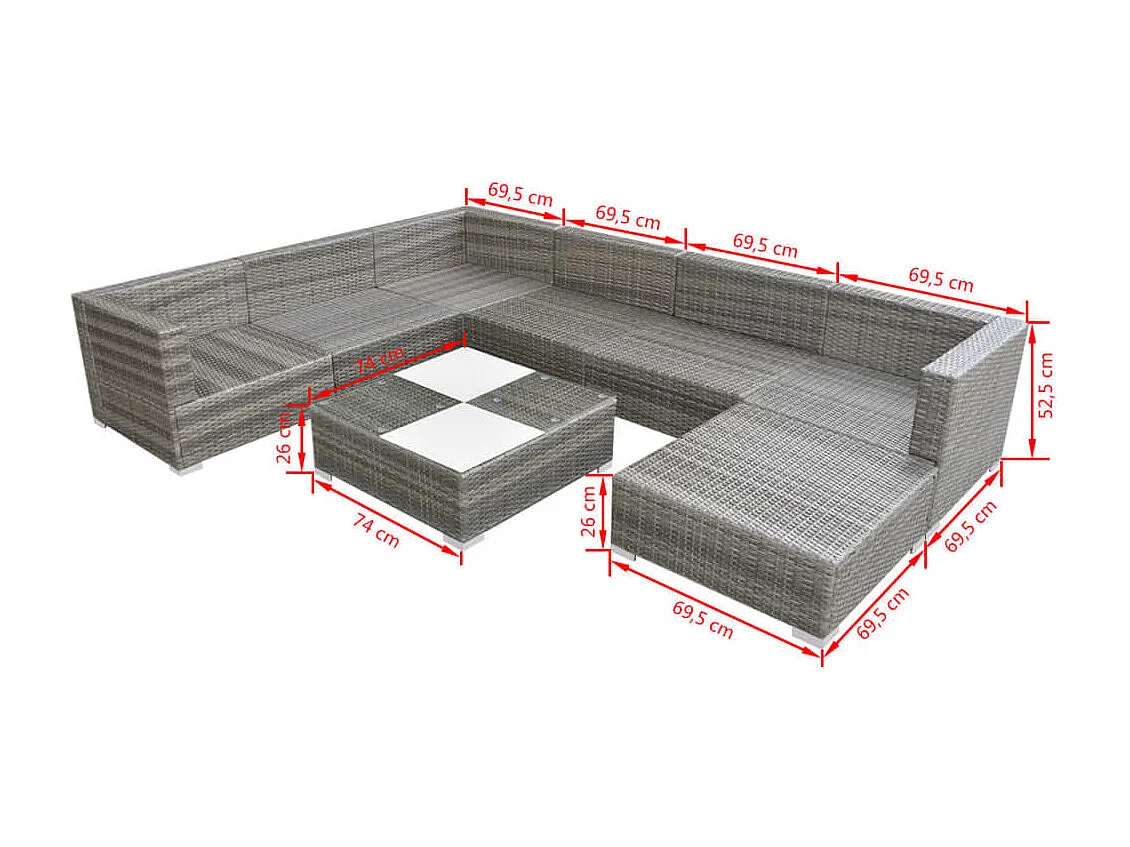 8-tlg. Garten-Lounge-Set mit Auflagen Poly Rattan Grau