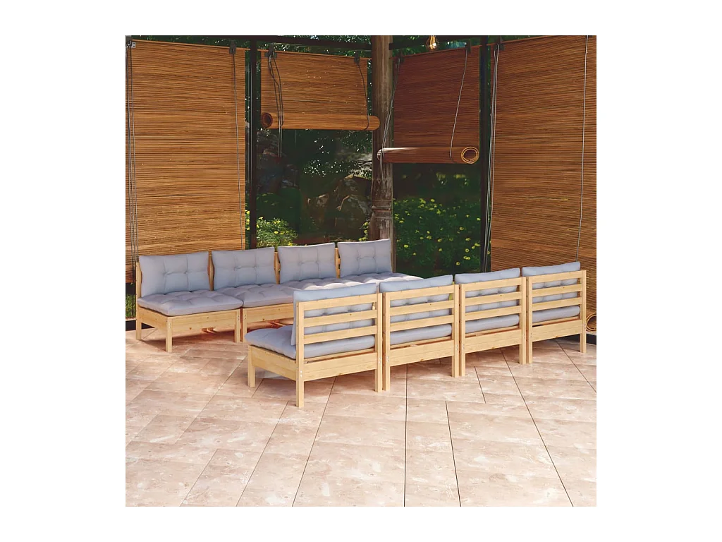 Salon de jardin 9 pcs avec coussins gris bois de pin massif