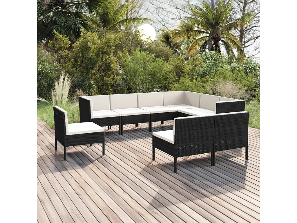 Salon de jardin 9 pcs avec coussins Résine tressée Noir