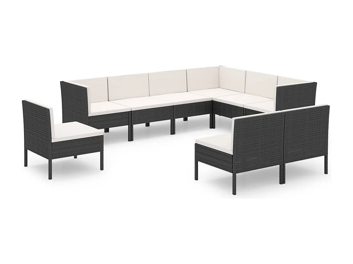 Salon de jardin 9 pcs avec coussins Résine tressée Noir