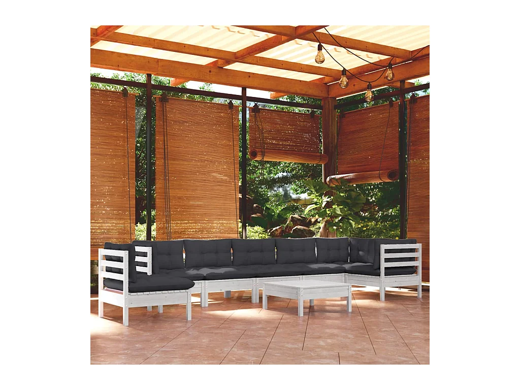 Salon de jardin 9 pcs avec coussins blanc bois de pin massif