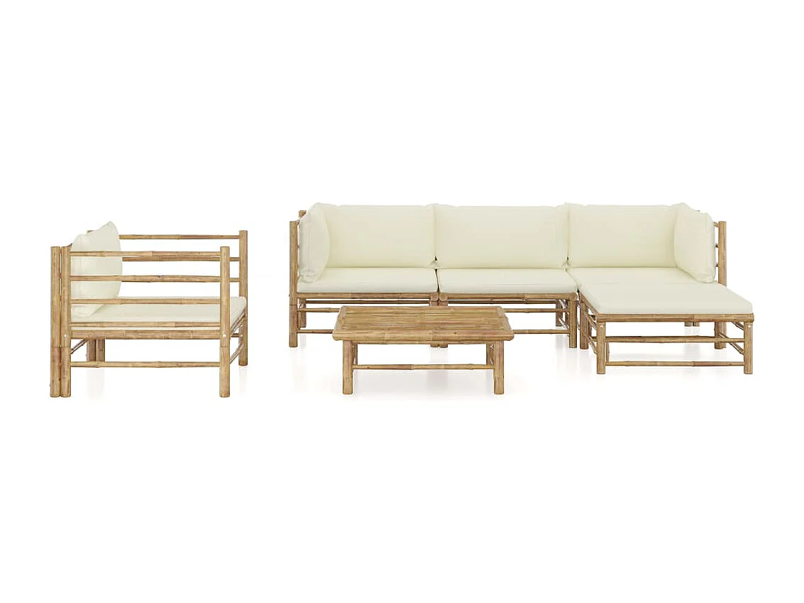 Salon de jardin 6 pcs avec coussins blanc crème bambou