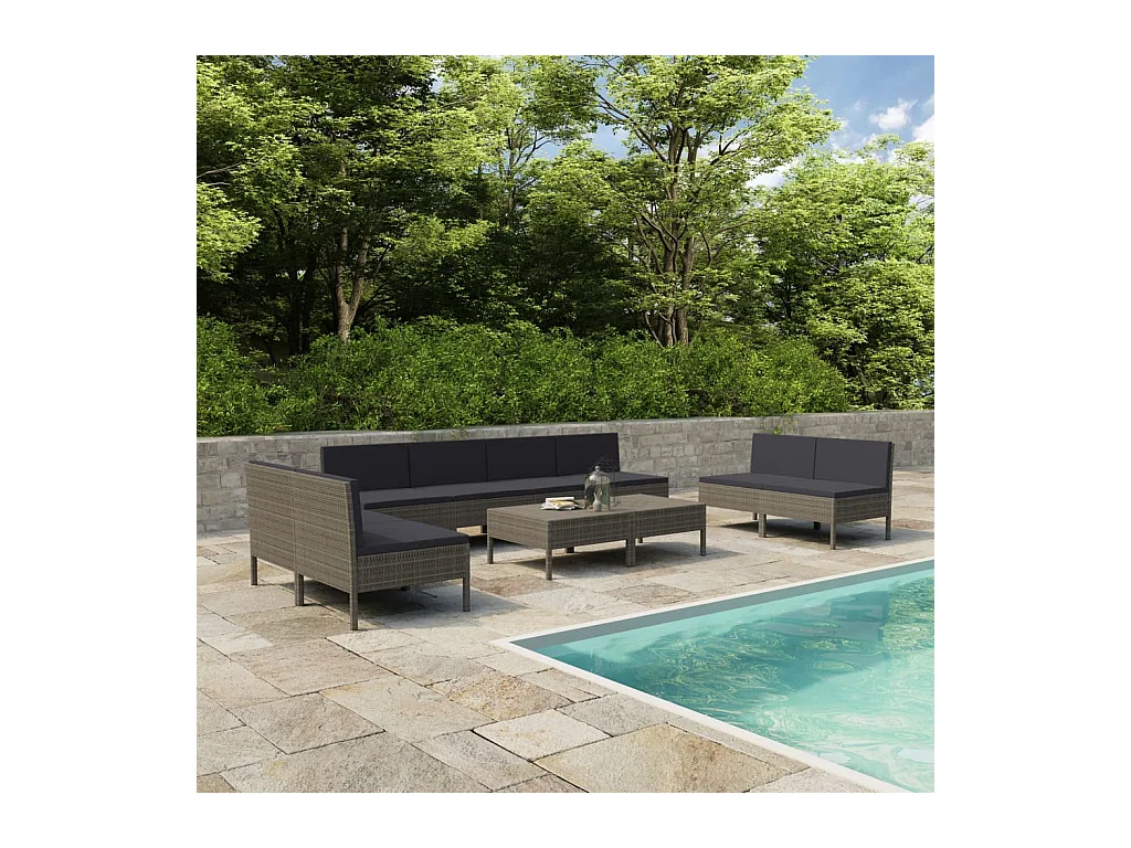 10-delige Loungeset met kussens poly rattan grijs
