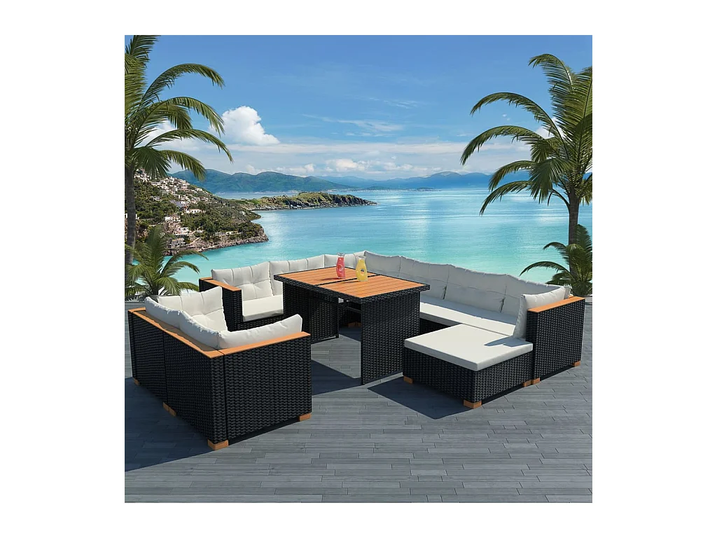 10-delige Loungeset met kussens poly rattan zwart