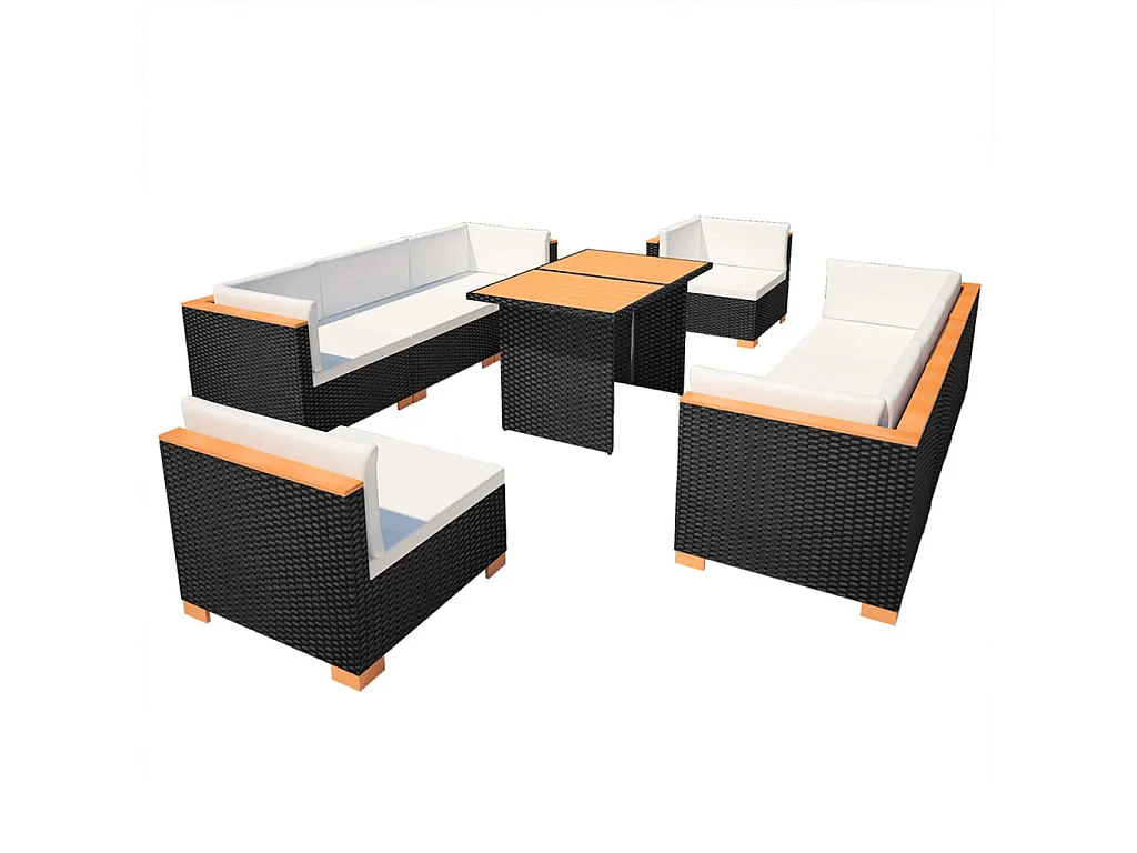 10-tlg. Garten-Lounge-Set mit Auflagen Poly Rattan Schwarz