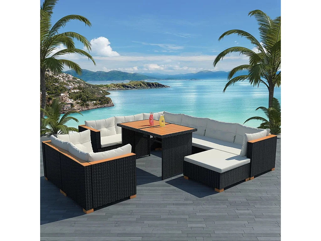 Salon de jardin 10 pcs avec coussins Résine tressée Noir