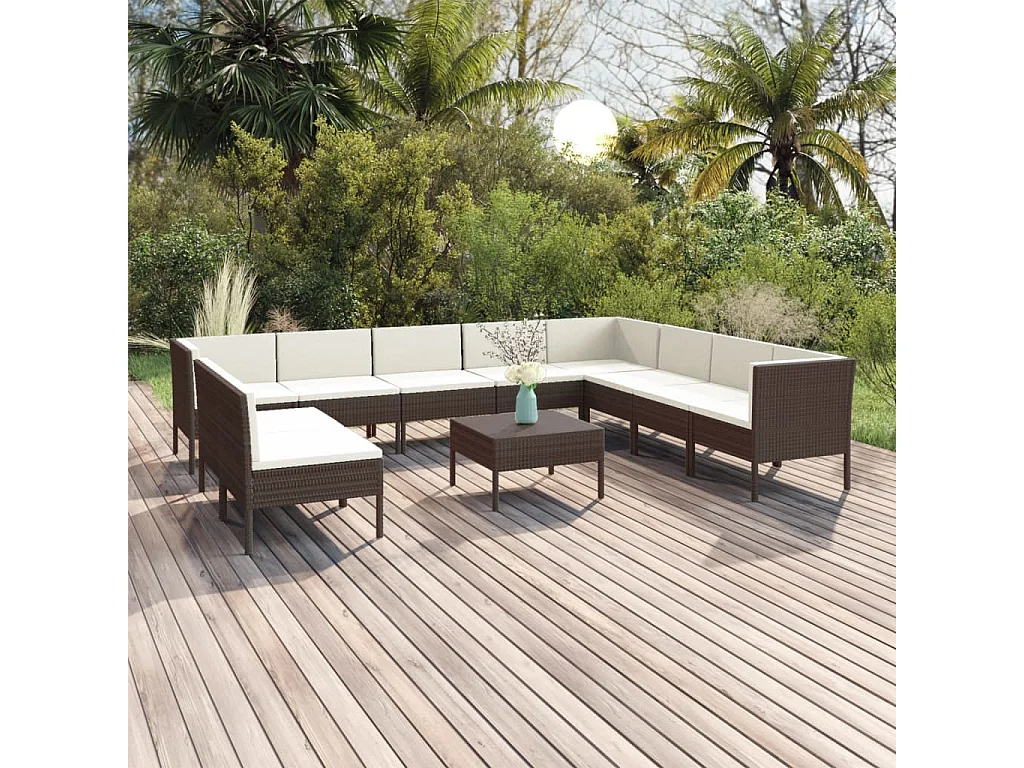 11-delige Loungeset met kussens poly rattan bruin