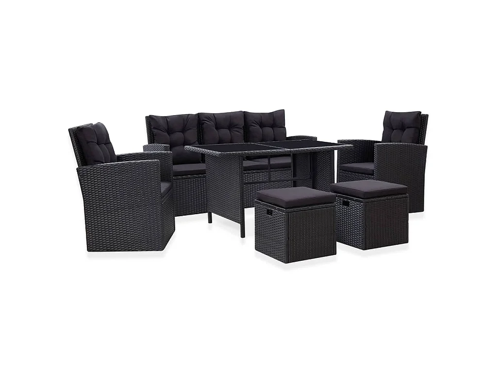 6-delige Loungeset met kussens poly rattan zwart