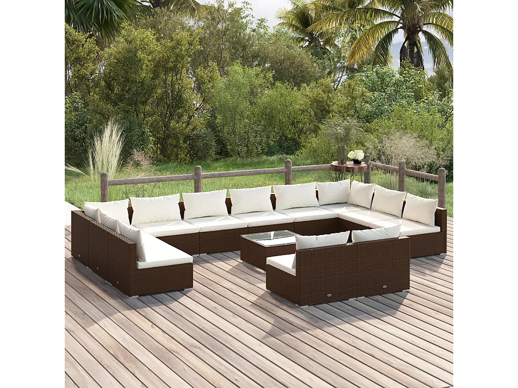 13 pcs conjunto lounge de jardim c/ almofadões vime PE castanho