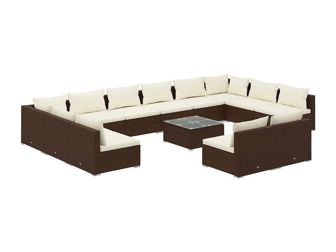 13 pcs conjunto lounge de jardim c/ almofadões vime PE castanho