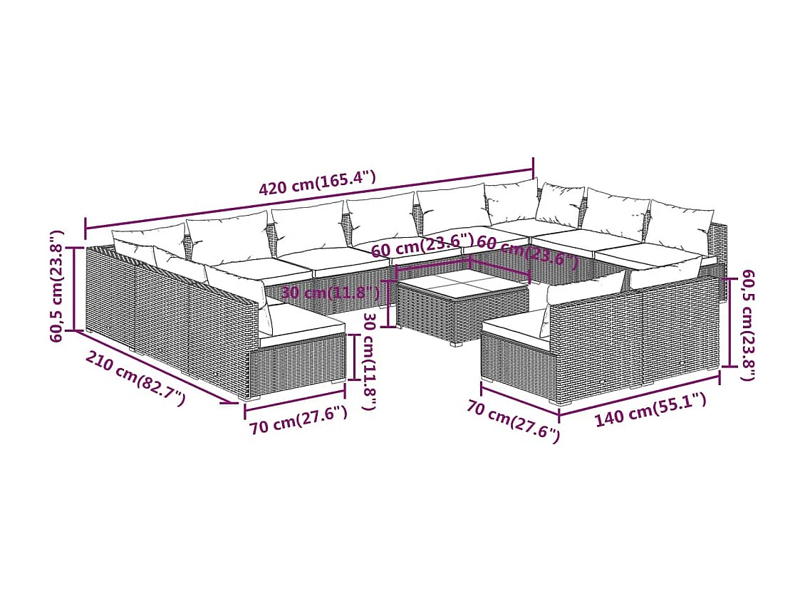 13 pcs conjunto lounge de jardim c/ almofadões vime PE castanho