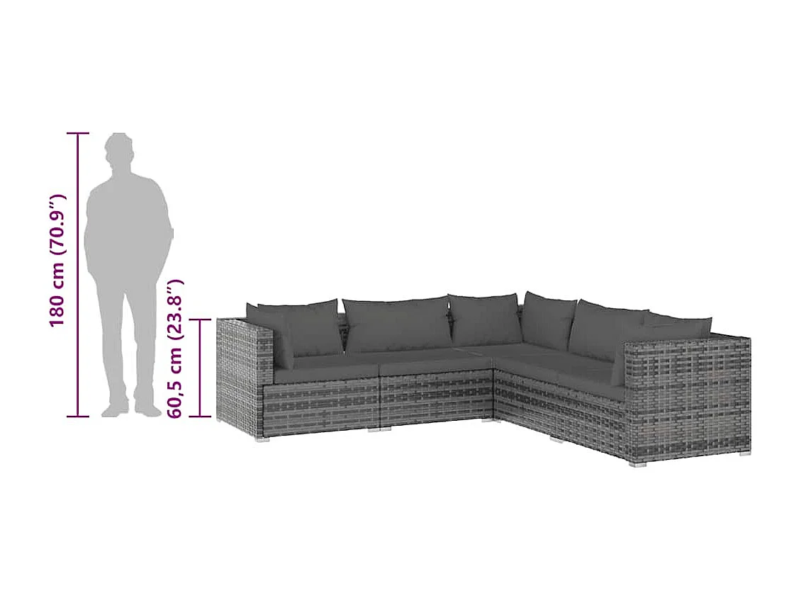 Set de muebles de jardín 5 pzas y cojines ratán sintético gris