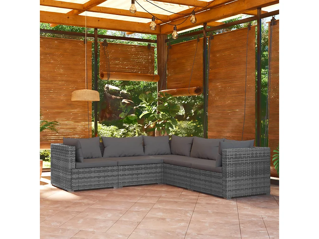 5-tlg. Garten-Lounge-Set mit Kissen Poly Rattan Grau