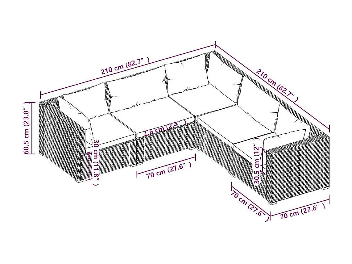 5-tlg. Garten-Lounge-Set mit Kissen Poly Rattan Grau