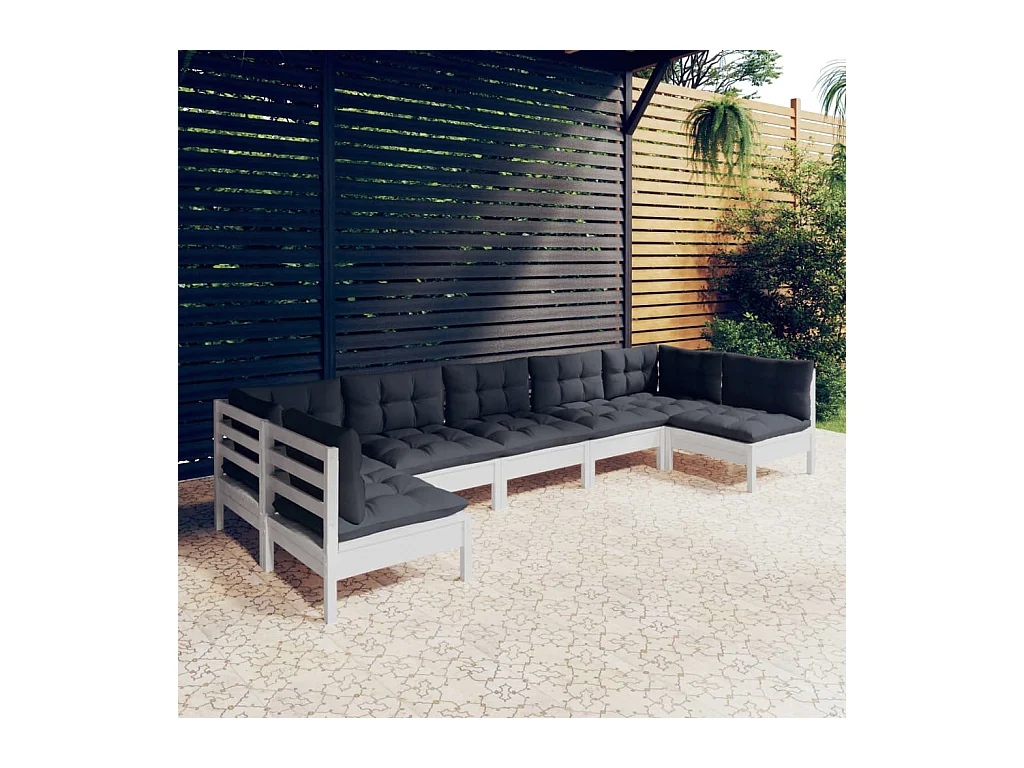 Set Divani da Giardino 7 pz con Cuscini Bianchi Legno di Pino