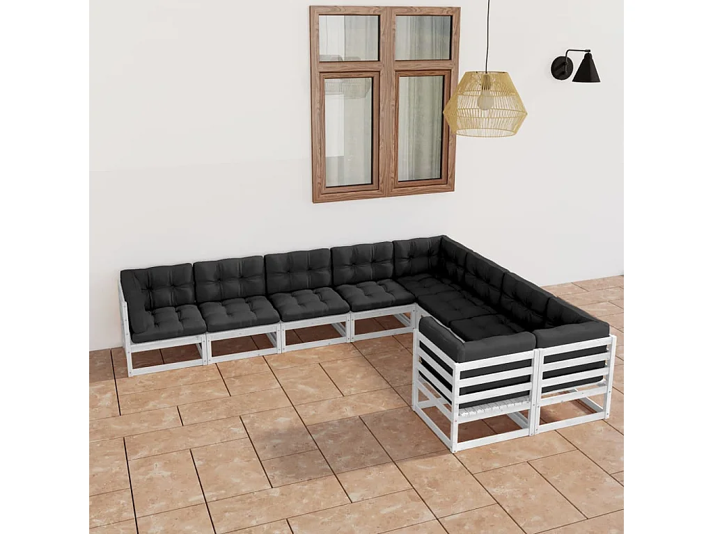 Salon de jardin 9 pcs avec coussins Blanc Bois de pin massif