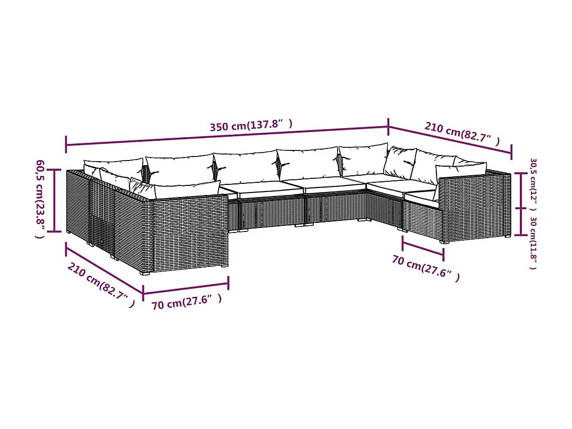Salon de jardin 9 pcs avec coussins Résine tressée Gris