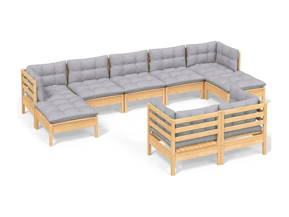 9-tlg. Garten-Lounge-Set mit Grauen Kissen Kiefer Massivholz