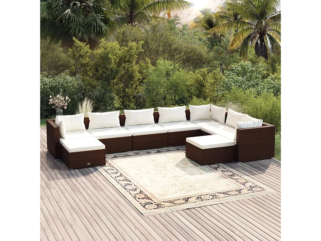 Set Divani da Giardino 9 pz con Cuscini in Polyrattan Marrone