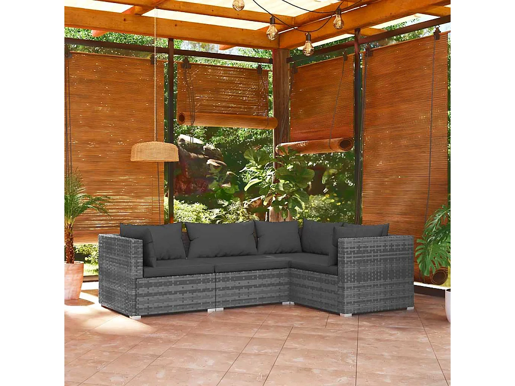 4-tlg. Garten-Lounge-Set mit Kissen Poly Rattan Grau