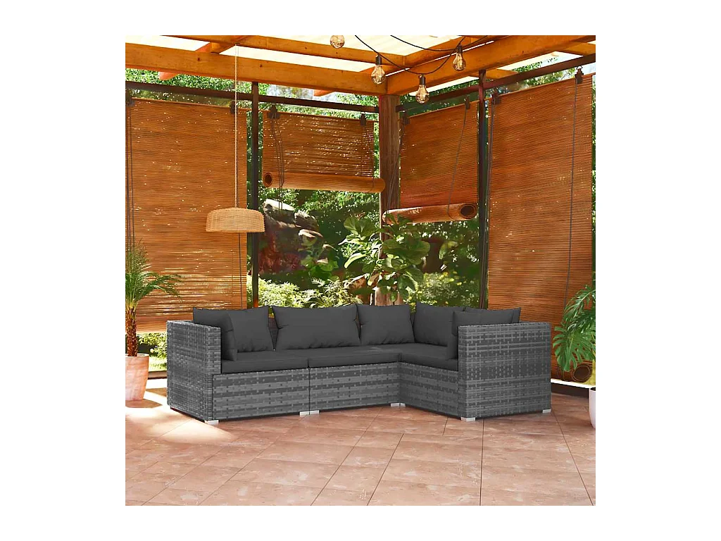 Salon de jardin 4 pcs avec coussins Résine tressée Gris