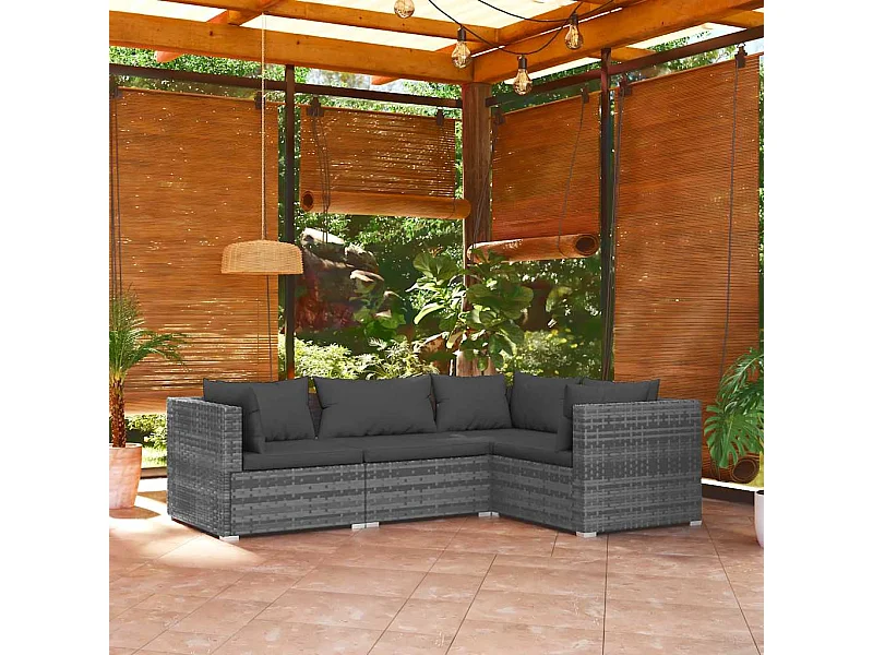 Salon de jardin 4 pcs avec coussins Résine tressée Gris