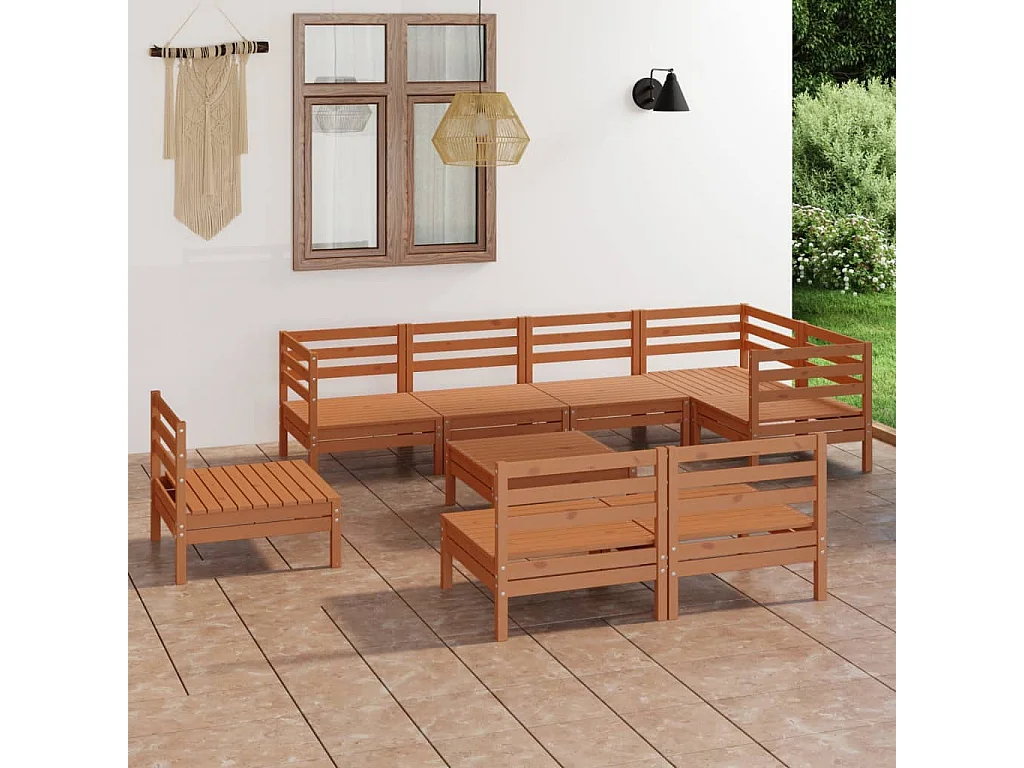 Salon de jardin 9 pcs Bois de pin massif Marron miel