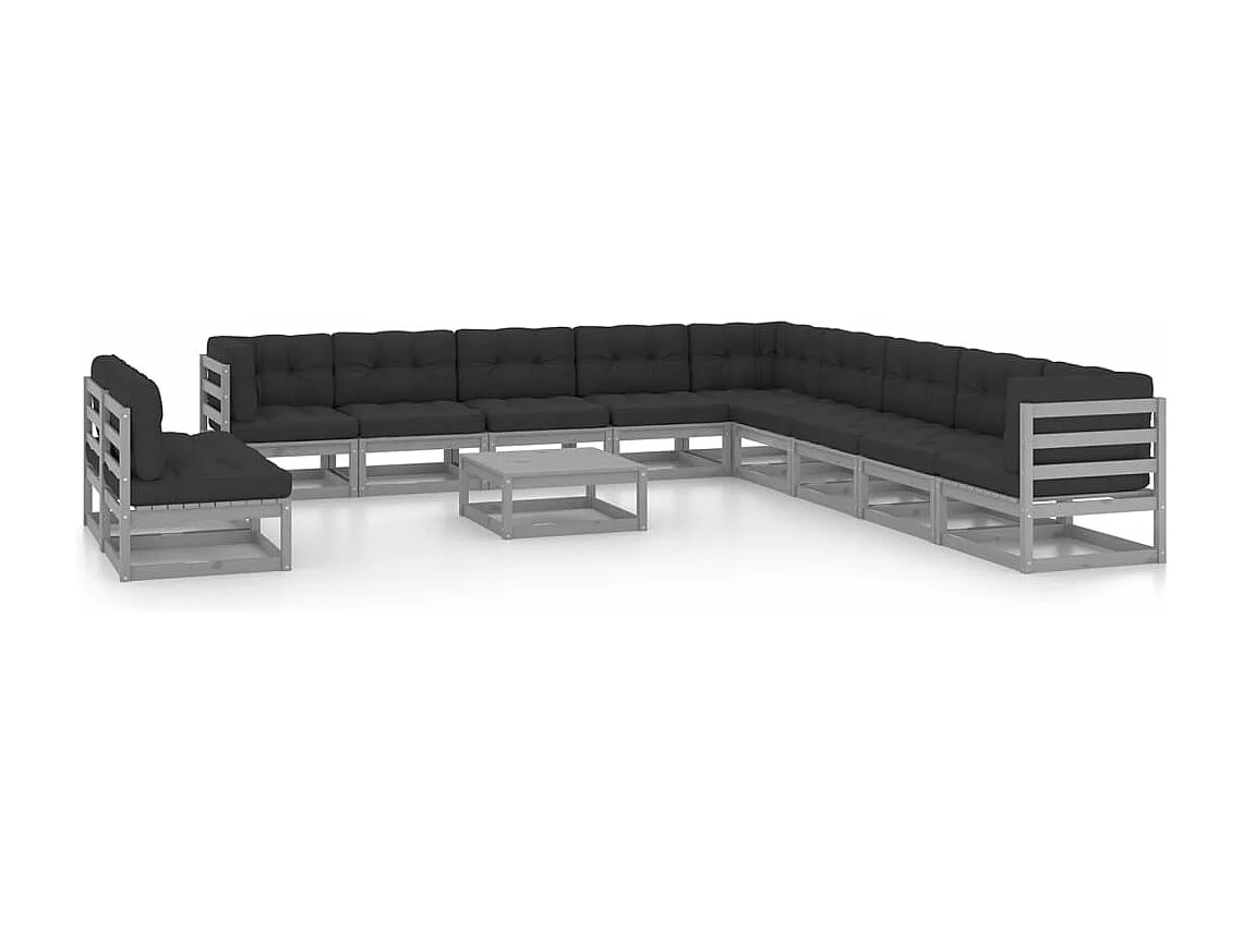 Salon de jardin 12 pcs avec coussins Gris Bois de pin massif