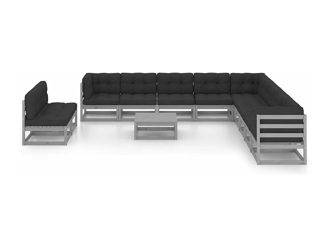 Salon de jardin 12 pcs avec coussins Gris Bois de pin massif