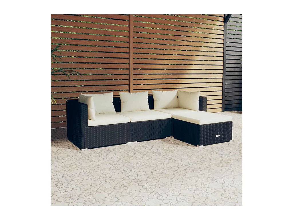Salon de jardin 4 pcs avec coussins Résine tressée Noir